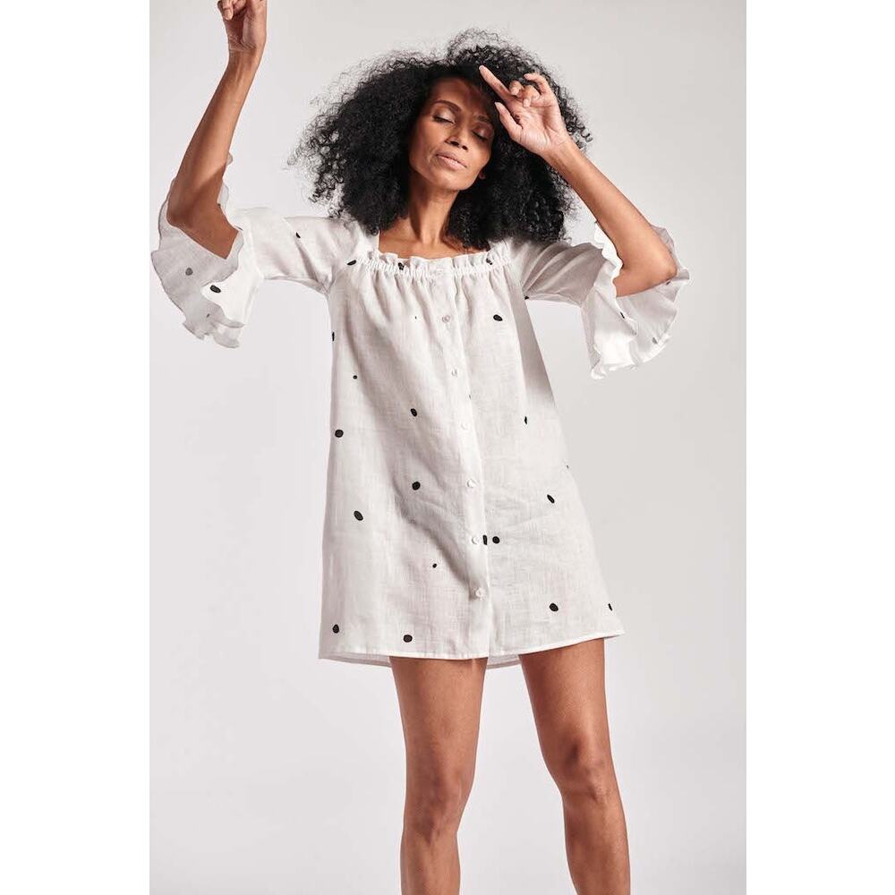 Sleeper White Linen Shift Nightdress with Black Dot Print
